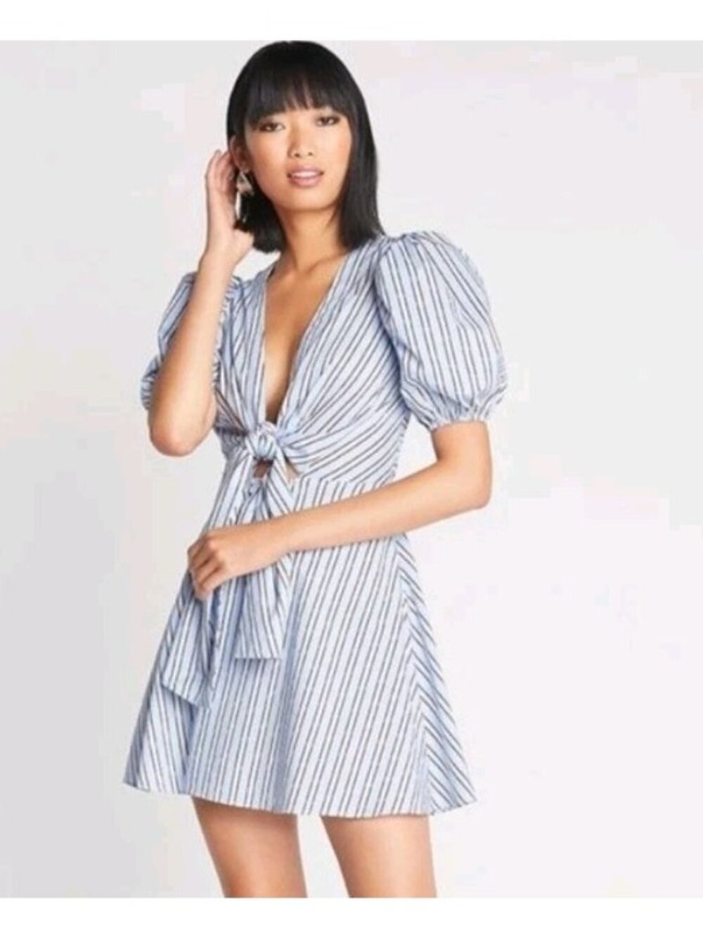 Choosy Poolside Dress S Blue Stripe Puff Sleeve Tie Front Mini NWT Cotton